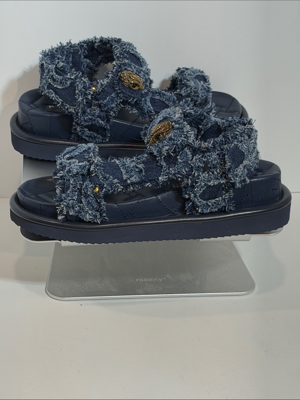 Kurt Geiger London Orson Frayed Navy Denim Eagle Head Quilted Platform Sandals - Picture 3 of 6